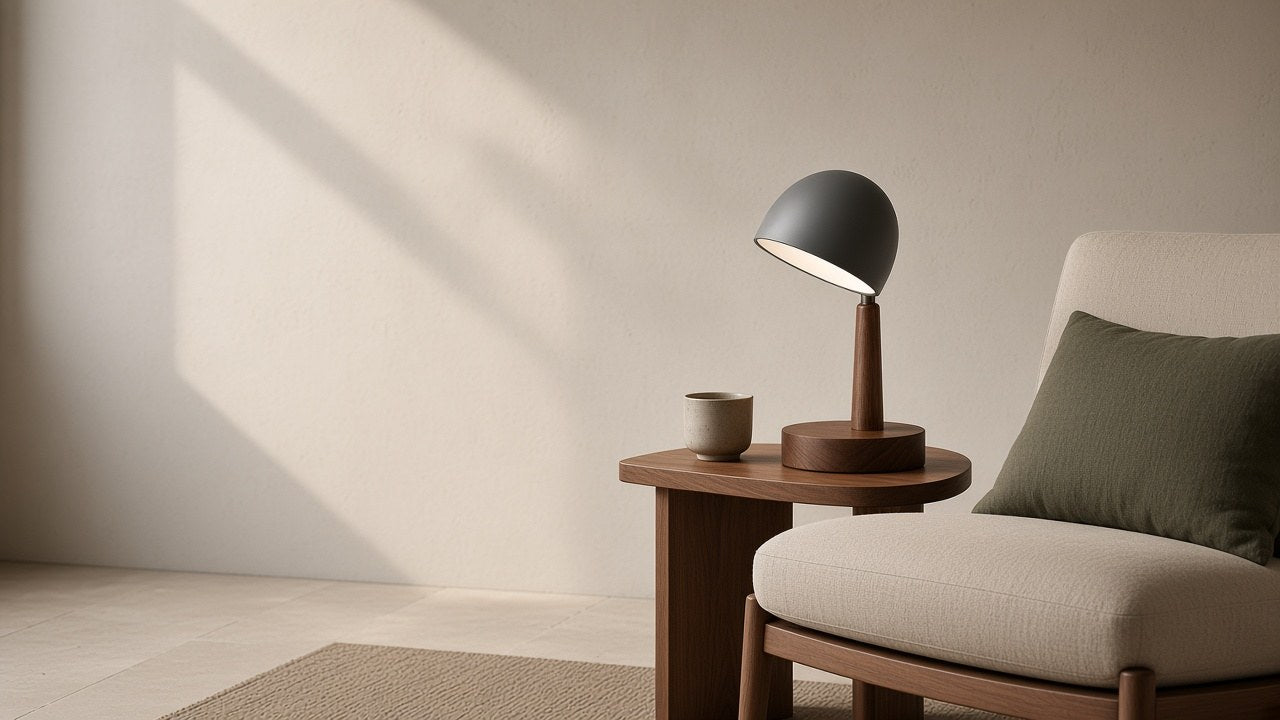 Walnut stem lamp in a quiet Scandinavian reading corner